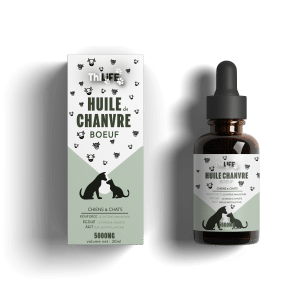 Huile de chanvre saveur bœuf Thilife pour chiens et chats, montrée avec son emballage décoratif.