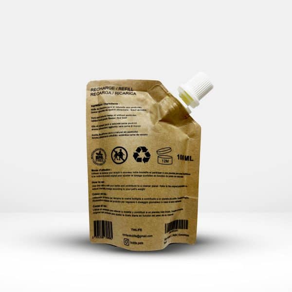 Dos de l'emballage de recharge Thilife de 100 ml d'huile de chanvre saveur bœuf, montrant les instructions d'utilisation, les ingrédients et les certifications écologiques