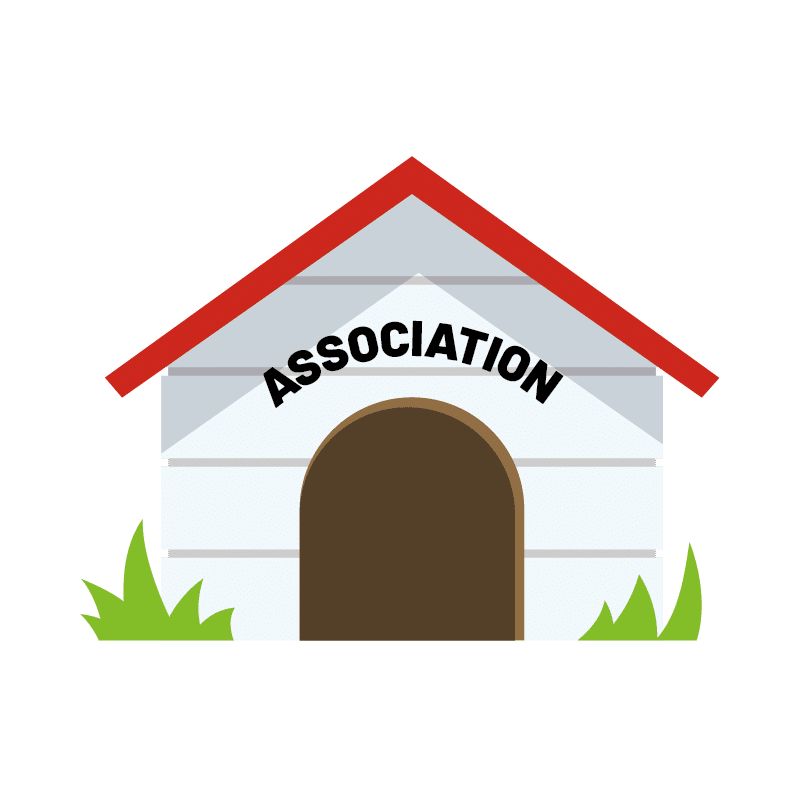 Illustration d'une petite maison avec l'inscription 'Association', symbolisant un refuge ou une organisation pour animaux