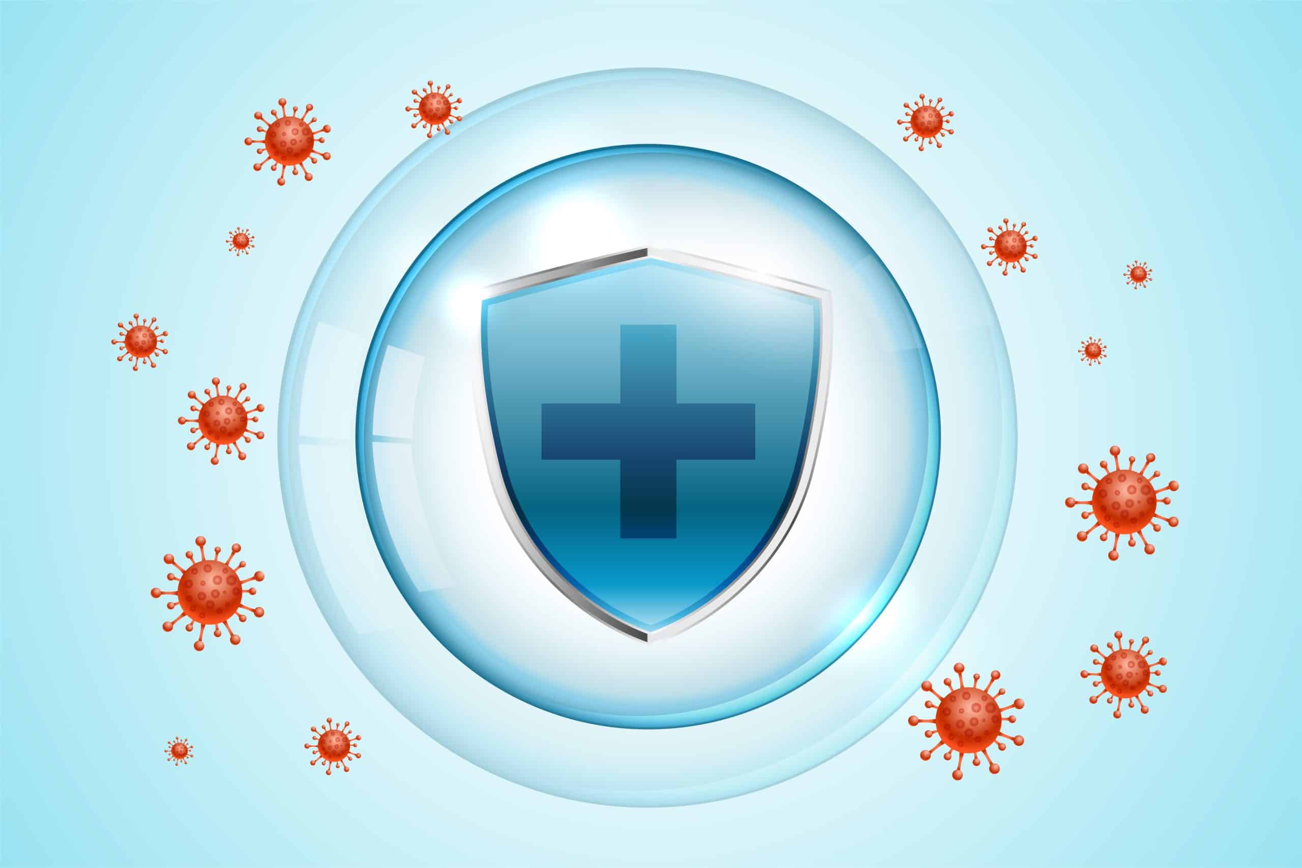 Icône d'un bouclier bleu avec une croix médicale entourée de virus rouges.