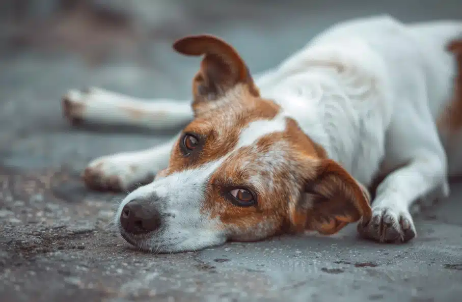 Un chien allongé sur le sol, exprimant un regard calme et doux