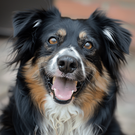 Chien heureux regardant l'objectif avec un sourire lumineux.