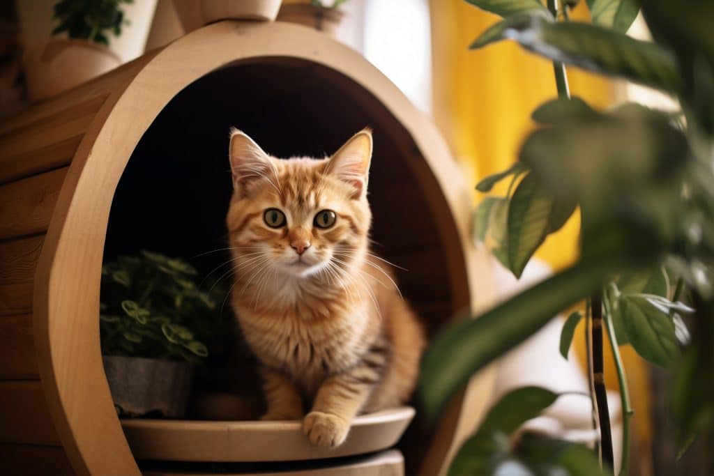 Chat roux assis dans une maison en bois ronde, entouré de plantes vertes