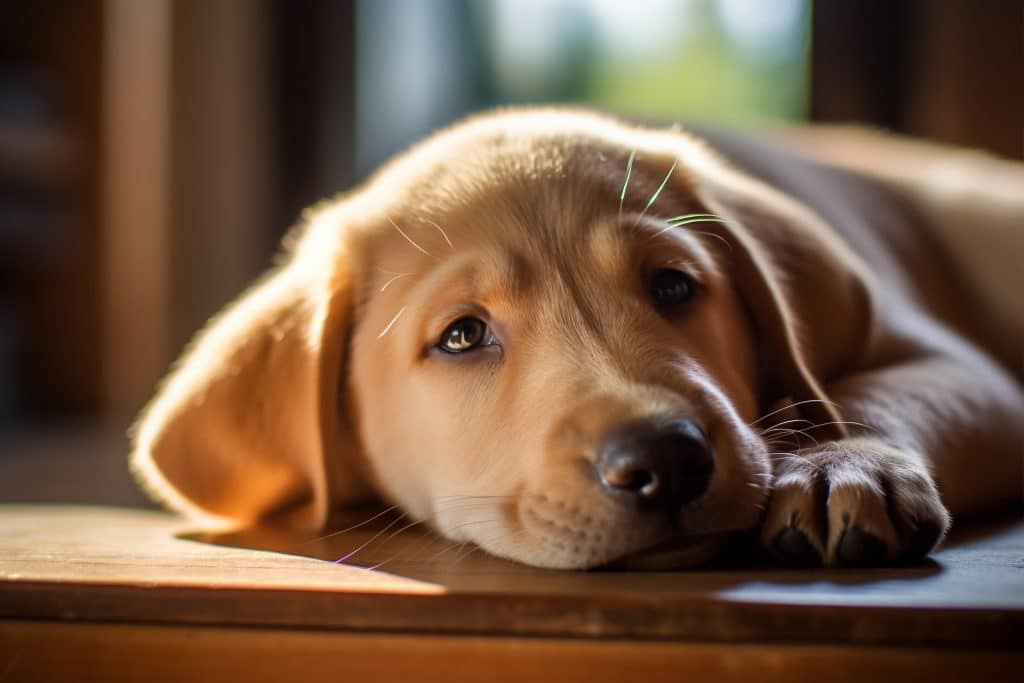 Un chiot Labrador couché, regardant calmement dans une lumière douce