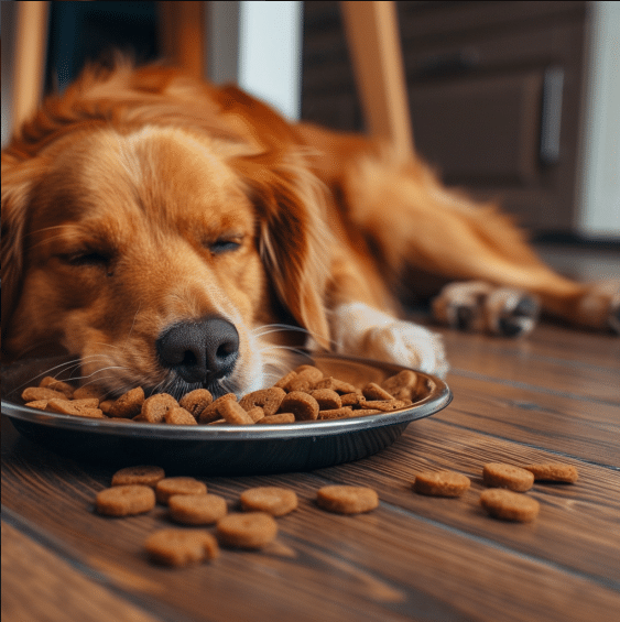 Un chien détendu, allongé près d'une assiette remplie de croquettes naturelles, dans un intérieur chaleureux