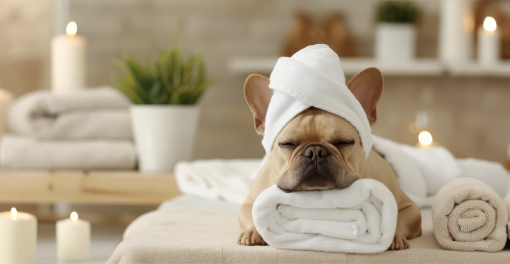 Un bouledogue français se relaxant dans un cadre spa, entouré de serviettes et de bougies.