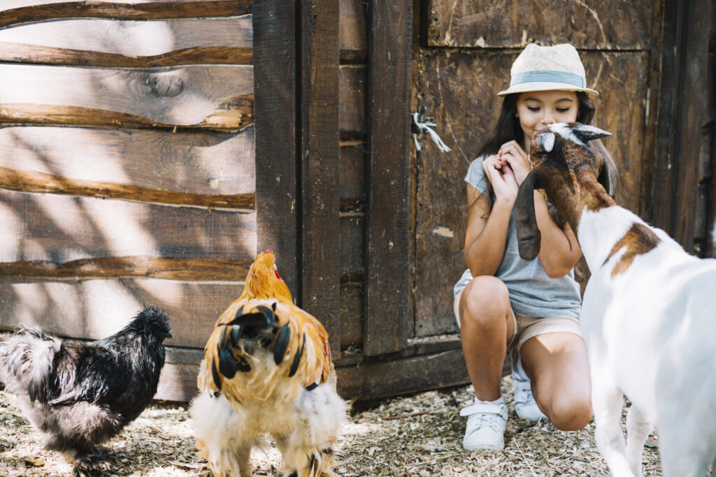Une jeune fille interagissant avec des animaux de ferme, notamment une chèvre et des poules, près d'une cabane en bois