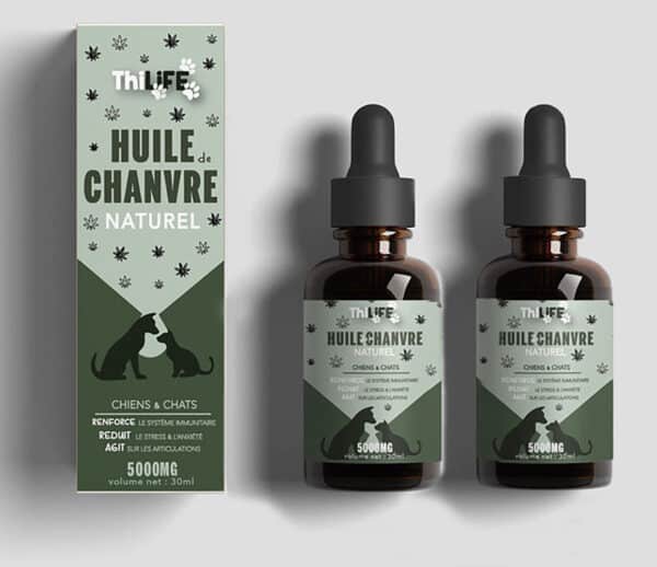 Pack de deux huiles de chanvre Thilife, naturel et saveur bœuf, pour chiens et chats, présentant des bénéfices pour la santé immunitaire et la réduction du stress