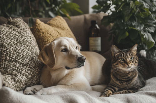 Un chien et un chat allongés confortablement sur un canapé beige, entourés de coussins et de plantes d'intérieur