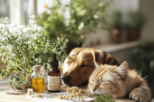 Un chat et un chien endormis à côté de flacons d'huile naturelle, de compléments et de plantes sur une table ensoleillée