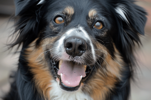 Chien heureux regardant l'objectif avec un sourire lumineux.